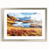 Textured abstract art print depicting a serene Georgian landscape in muted earth tones, framed in silver.