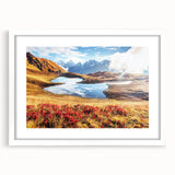 Abstract art print depicting a serene Georgian landscape in muted earth tones on a framed white mat.