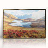 Large art print of a mid-century modernist Asian scenery in gold tones, framed acrylic, ideal for modern art wall decor.