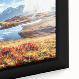 Extra large framed canvas featuring a textured, colorful abstract design with dominant black tones.