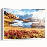 Vintage poster art of a scenic Georgian landscape on a framed canvas, featuring muted earth tones.