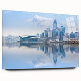 Acrylic print of Hong Kong skyline in muted gray and blue tones, ideal for modern bedroom or dining room decor.