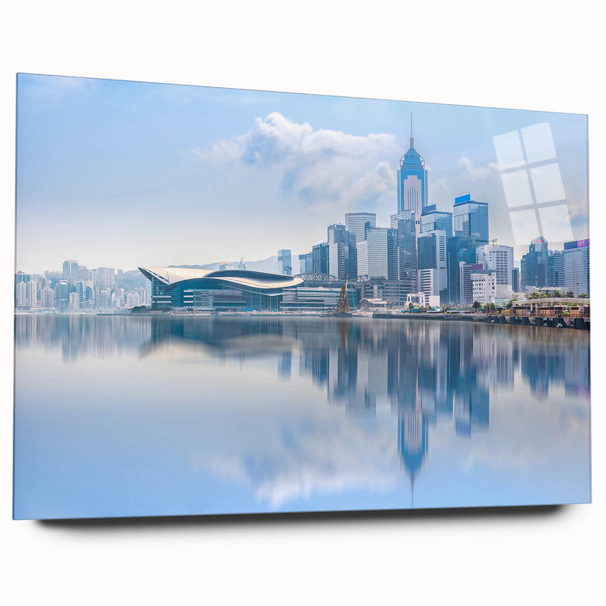 Acrylic print of large abstract Hong Kong cityscape in muted blues and grays, ideal for bedroom or dining room decor.