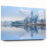 Acrylic print of large abstract Hong Kong cityscape in muted blues and grays, ideal for bedroom or dining room decor.