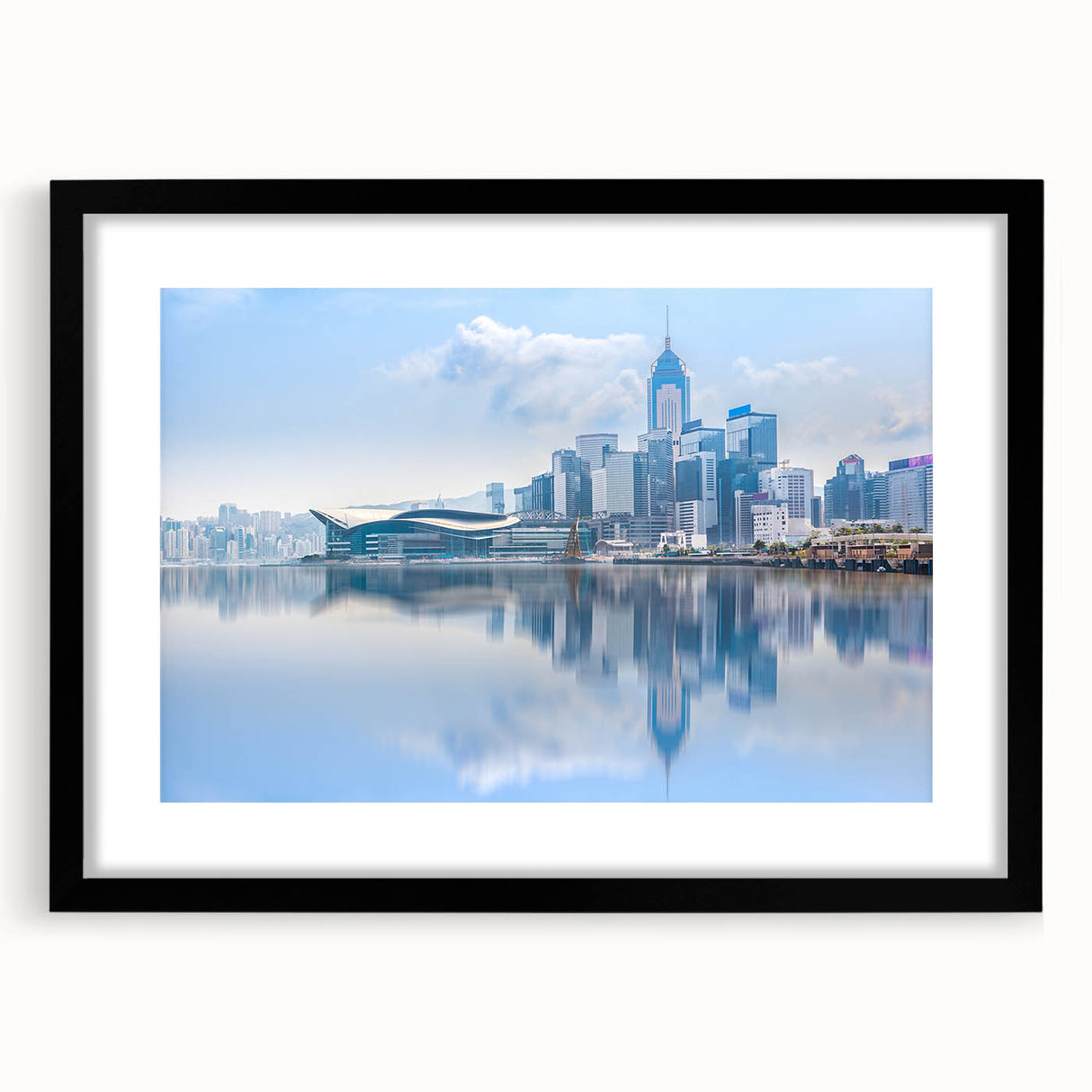Abstract art print of Hong Kong skyline in vibrant colors on a large, textured canvas, ideal for living room decor.