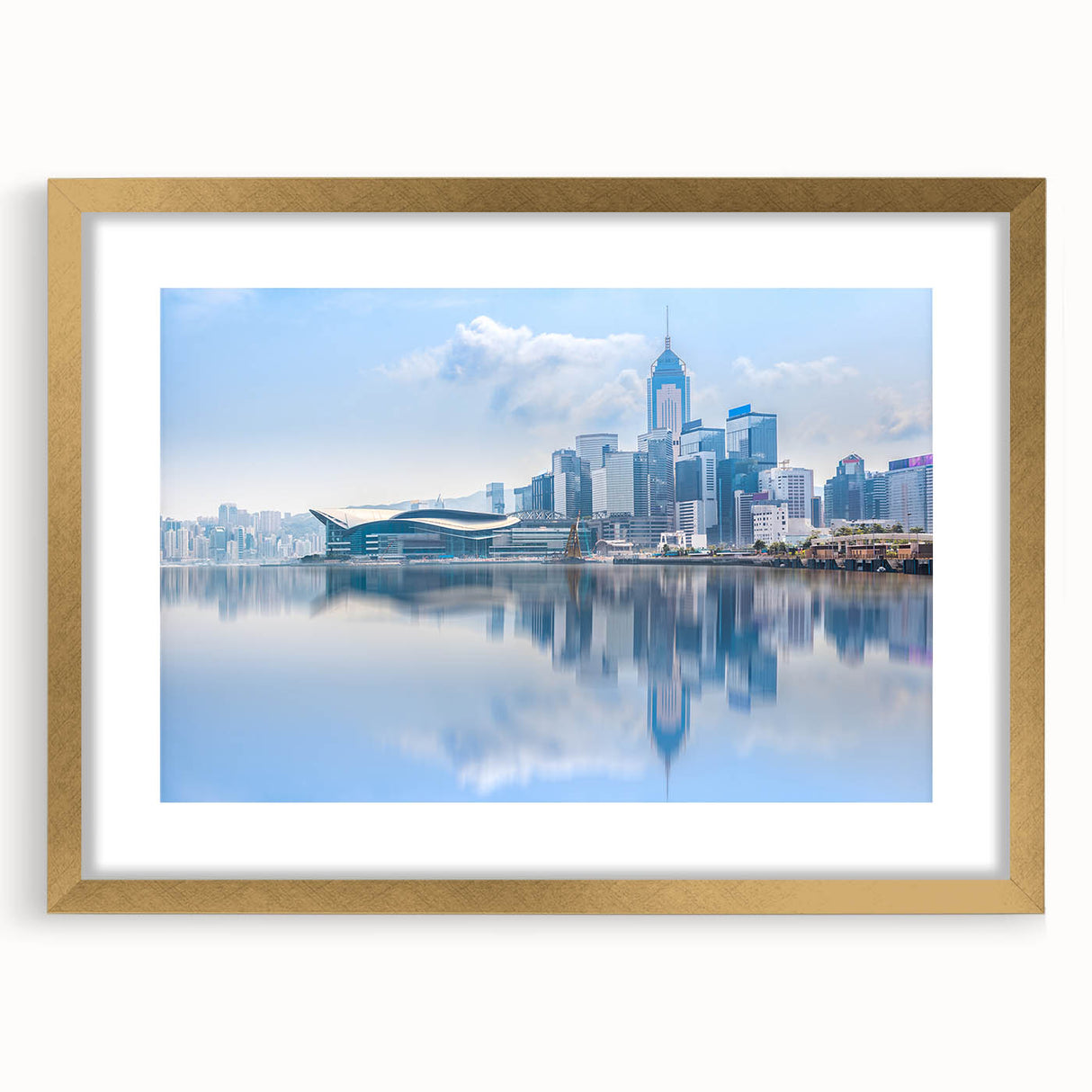 Extra large abstract art print of Hong Kong scenery in textured gold frame, ideal for living room decor.