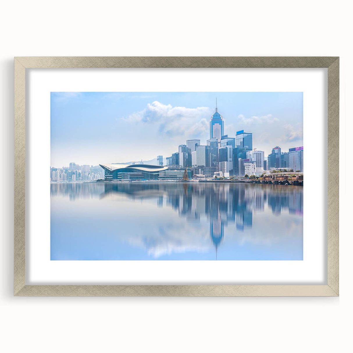 Textured abstract art print of Hong Kong scenery in muted gray tones, framed in silver, ideal for bedroom art.