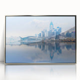 Mid-century modernist art depicting the Hong Kong skyline in acrylic, with a silver frame, ideal for modern art wall decor.