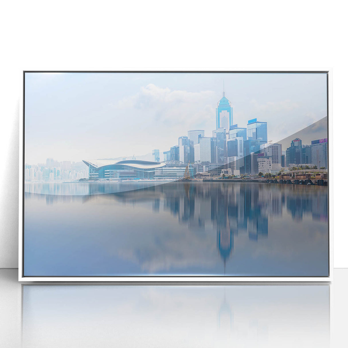 Framed acrylic print of Hong Kong skyline in art deco style with muted gray and blue tones, ideal for modern art wall decor.