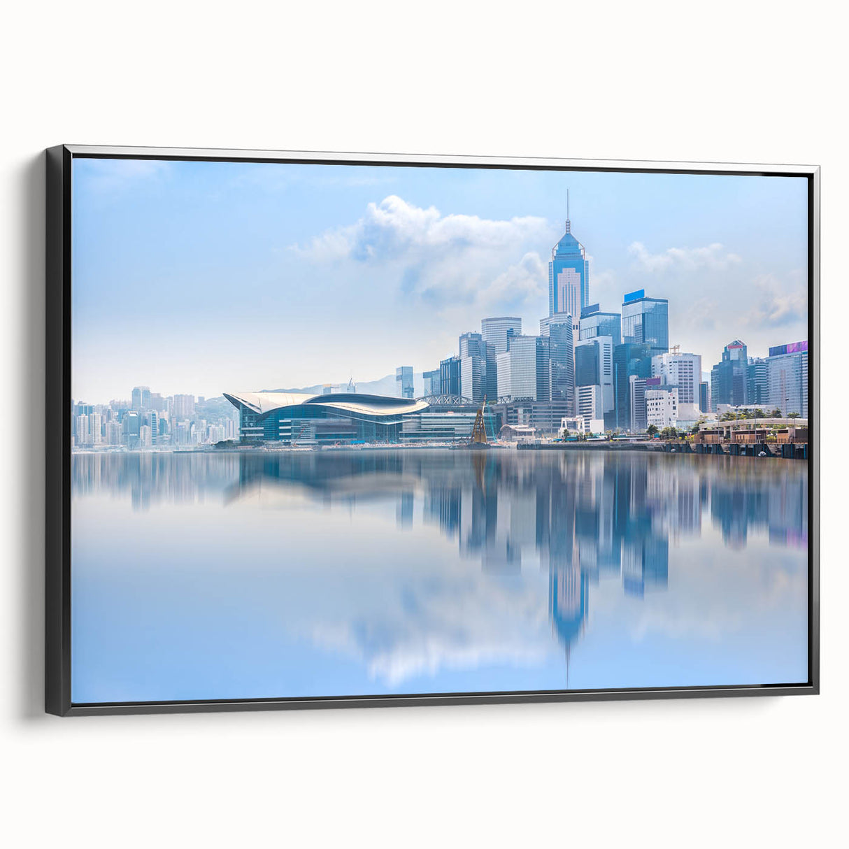 Black and white landscape art painting of Hong Kong on framed canvas, ideal for bedroom wall decor.