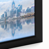 Extra large framed canvas featuring a textured, colorful Hong Kong skyline in black with vibrant accents.