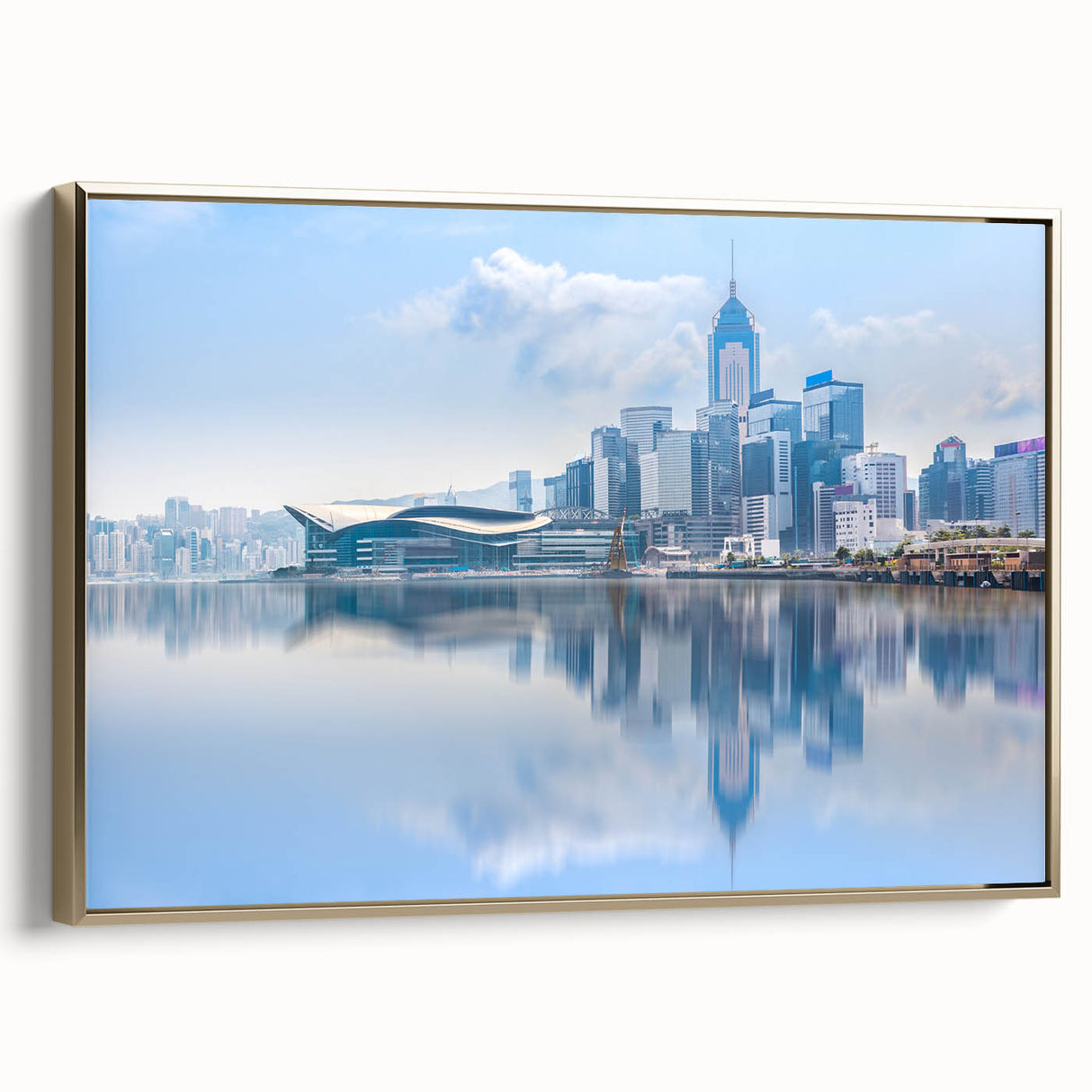 Framed canvas featuring a vintage-style landscape painting of Hong Kong in gold and black tones, suitable for bedroom decor.