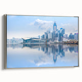 Framed canvas landscape art painting of Hong Kong in colorful and vintage poster style, ideal for modern living room decor.