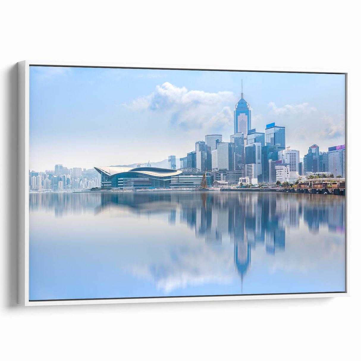 Vintage poster art of Hong Kong scenery on extra large framed canvas, featuring colorful art against a black background.