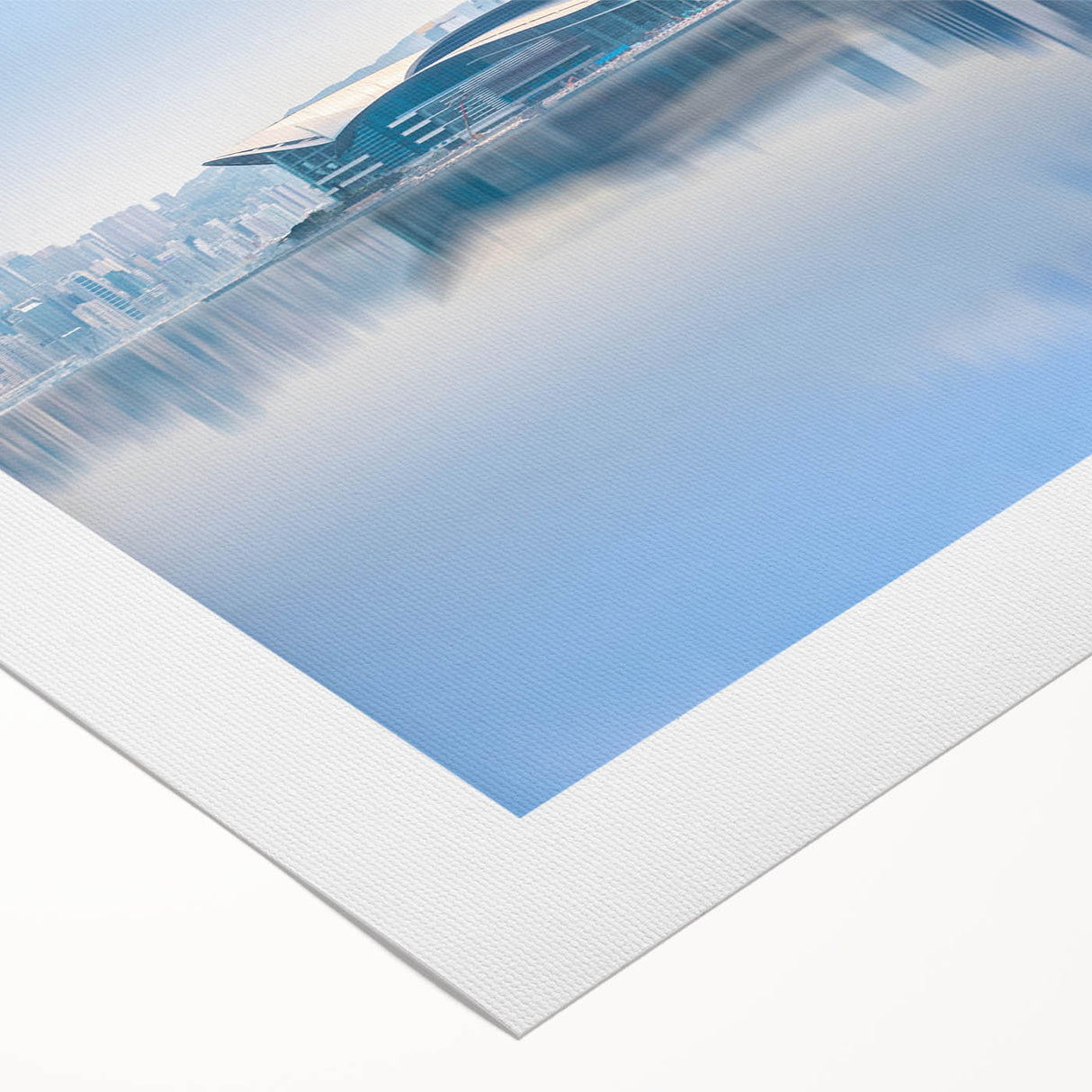 Art deco poster of Hong Kong skyline in muted gray, ideal for dining room wall art on rolled canvas.