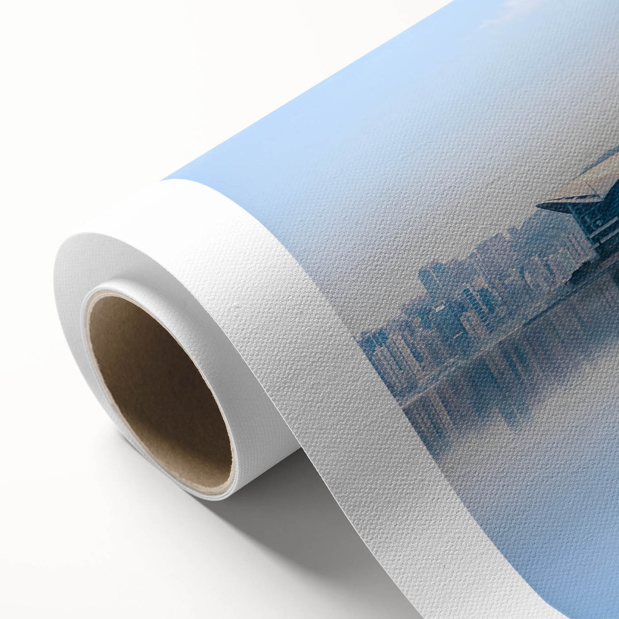 Art Deco style Hong Kong skyline on rolled canvas, in muted gray and blue tones, ideal for nursery wall art.