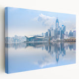 Hong Kong skyline at dusk depicted in muted blues and grays on a large stretched canvas, suitable for kitchen wall art.