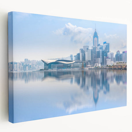 Hong Kong skyline at dusk depicted in muted blues and grays on a large stretched canvas, suitable for kitchen wall art.