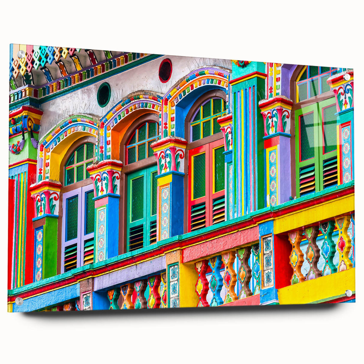 Large abstract wall art depicting a vibrant Indian landscape on acrylic glass, suitable for bedroom or dining room decor.