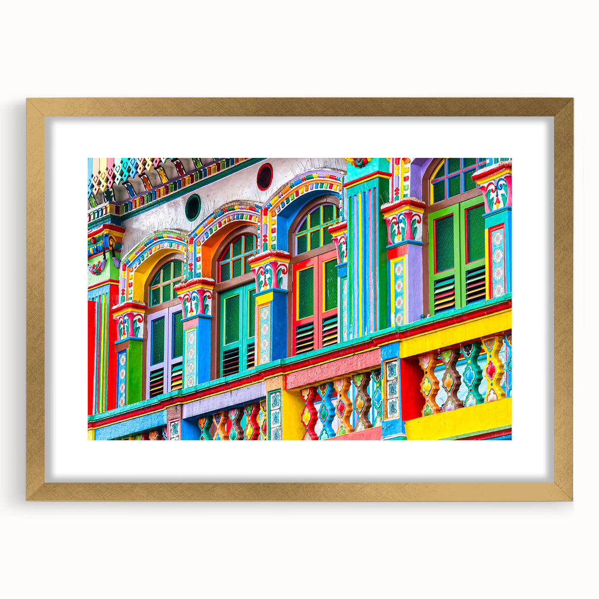 Extra large abstract art print of an Indian landscape in textured gold and earth tones on a framed canvas.