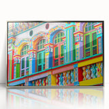 Mid-century modernist art depicting an Indian landscape in muted earth tones on a silver-framed acrylic print.