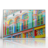 Acrylic print of a serene Indian landscape in pastel shades, framed in white, suitable for modern art wall decor.