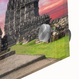 Large abstract wall art featuring a mid-century modernist scene of Indonesian landscapes in earth tones.