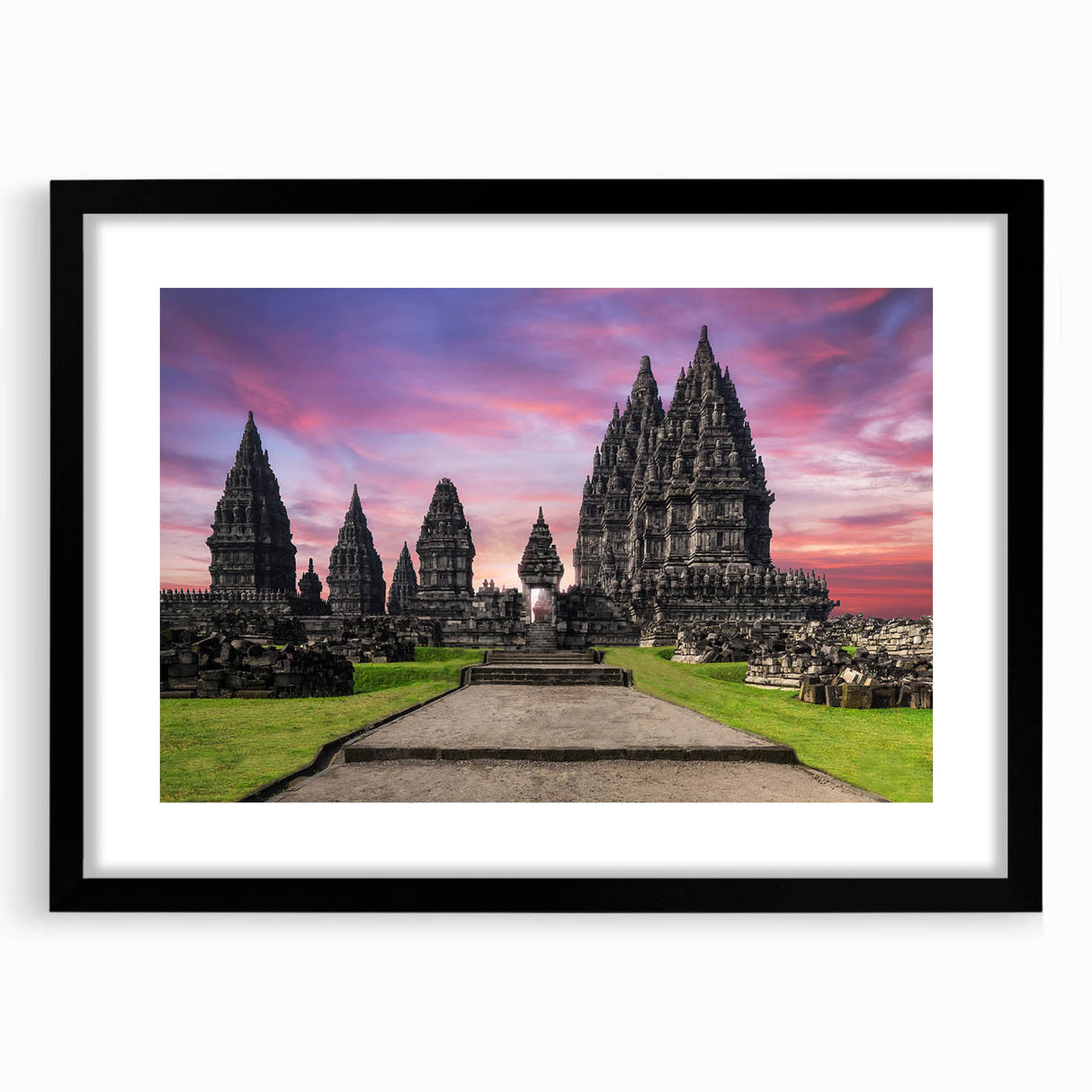 Extra large abstract art print featuring a colorful, textured depiction of an Indonesian landscape on a framed black mat.