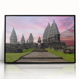 Large abstract wall art depicting a vibrant Indonesian landscape in mid-century modernist style on framed acrylic.