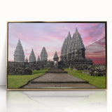 Large acrylic print of a serene Indonesian landscape in earthy tones, framed in gold, suitable for modern art wall decor.