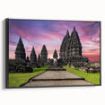 Black and white framed canvas featuring a vintage-style Indonesian landscape, ideal for bedroom wall decor.
