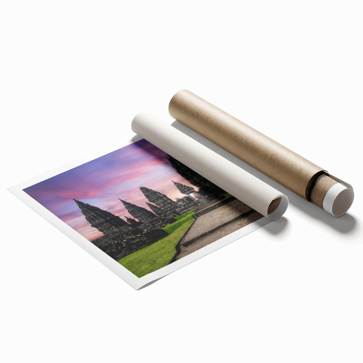 Extra large rolled print depicting a serene Indonesian landscape with vibrant floral elements.