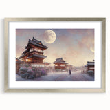 Textured abstract art print of a Kyoto scenery in muted earth tones, framed in silver, suitable for bedroom decor.