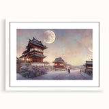 Abstract art print of a Kyoto scenery in muted earth tones on a framed white mat, suitable for bedroom or dining room decor.