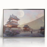 Mid-century modernist art depicting a serene Kyoto landscape in soft pastels on framed acrylic, ideal for nursery wall art.
