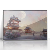Acrylic print of a serene Kyoto landscape in soft pastel colors, framed in white, suitable for nursery wall art.