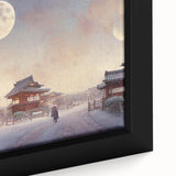 Extra large framed canvas depicting a textured, colorful Kyoto scenery in muted earth tones, ideal for living room decor.