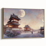 Framed canvas depicting a vintage-style Japanese landscape in gold and black tones, ideal for bedroom wall art.