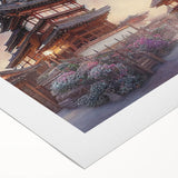 Art deco poster featuring a serene Kyoto landscape in muted green and beige tones on rolled canvas.