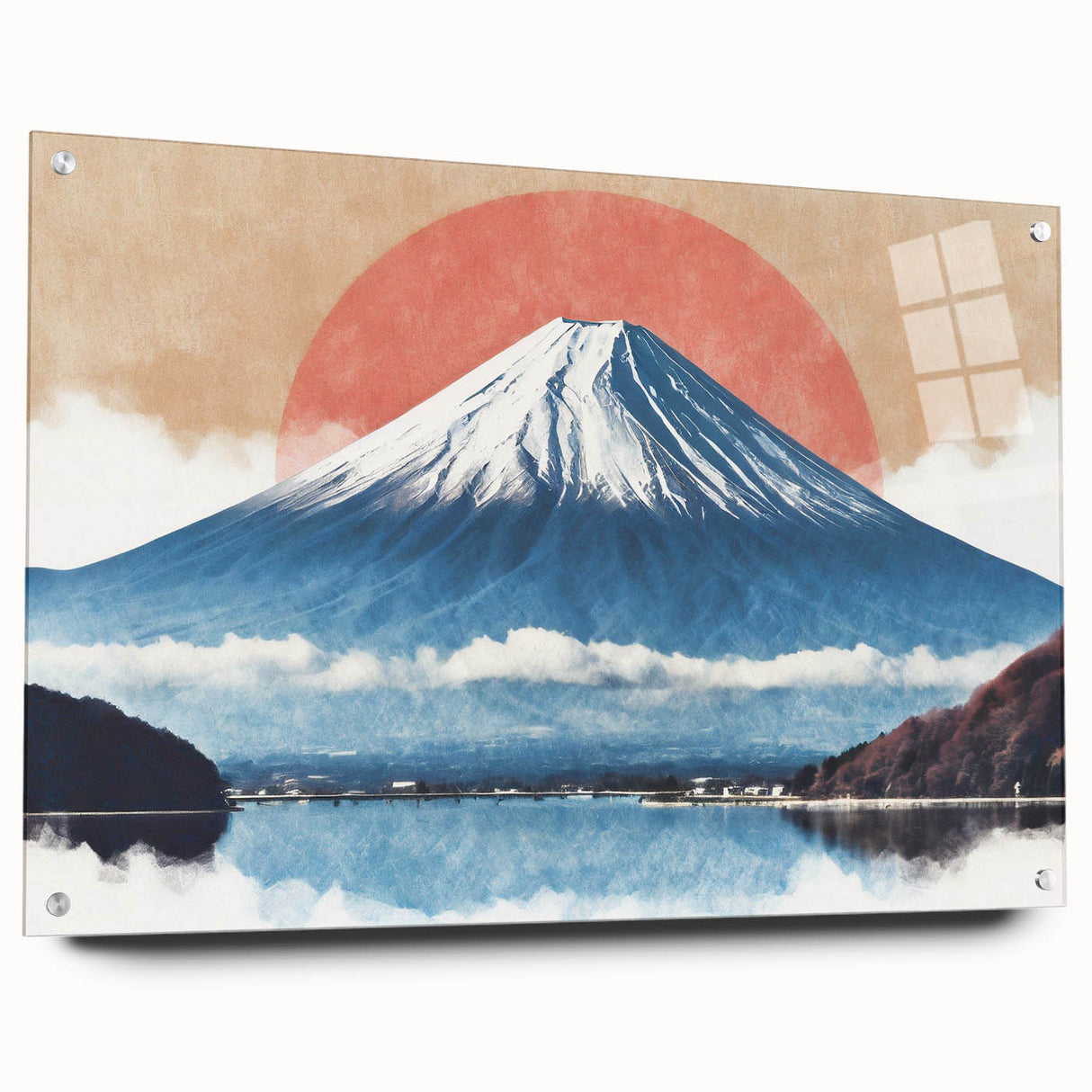 Acrylic print of Mount Fuji with soft pink and blue hues, ideal for bedroom or dining room decor.