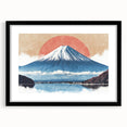 Extra large abstract art print of Mount Fuji in vibrant colors on a textured canvas, framed in black.