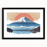 Extra large abstract art print of Mount Fuji in vibrant colors on a textured canvas, framed in black.