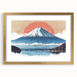 Extra large wall art featuring an abstract depiction of Mount Fuji in textured hues of blue and white, framed in gold.