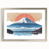 Textured art print of Mount Fuji in muted blue and gray tones on a framed poster, ideal for bedroom wall decor.