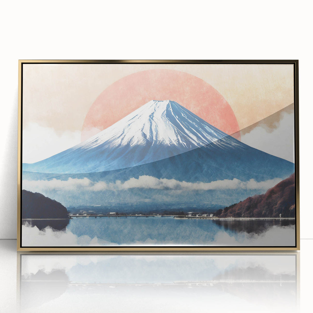 Mid-century modernist art of Mount Fuji in muted blues and greens on a framed acrylic, ideal for modern art wall decor.