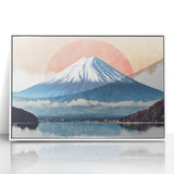 Acrylic print of Mount Fuji with soft pastel shades, framed in white, ideal for modern art wall decor or nursery.