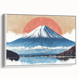 Vintage poster art of Mount Fuji with colorful palette on extra large framed canvas, ideal for living room decor.
