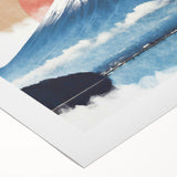 Art deco poster of Mount Fuji with pastel shades on rolled canvas, suitable for dining room decor.