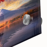 Large abstract wall art featuring a mid-century modernist Japanese scenery in muted earth tones on acrylic glass.