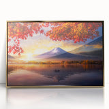 Large art print of a serene Japanese landscape in muted gold and green tones, acrylic framed.